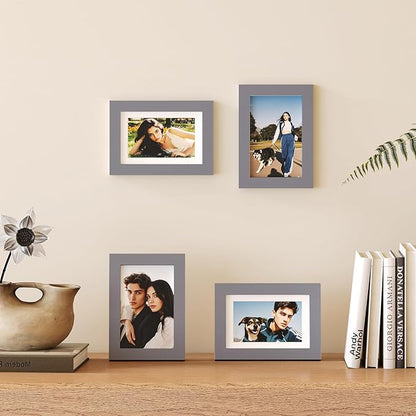Egofine 4x6 Picture Frames Set of 4, Made of Solid Wood Covered by Plexiglass 3x4.5 and 3.5x5 with Mat or 4x6 without Mat, for Table Top Display and Wall Mounting Photo Frame, Dark Grey