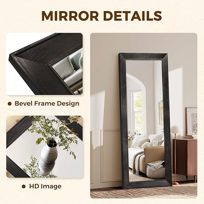 Full Length Mirror 58"x22" - Beveled Edge Rustic Black Dressing Mirror, Solid Wood Frame, Wall Mounted or Leaning for Bedroom, Entryway, Living Room