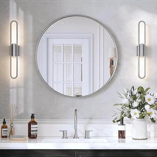 USHOWER Brushed Nickel Bathroom Mirrors for Over Sink, 30 Inch Circle Mirror with Metal Frame, Wall Mirror for Vanity, Entryway, Living Room, Hallway and Bedroom Decor