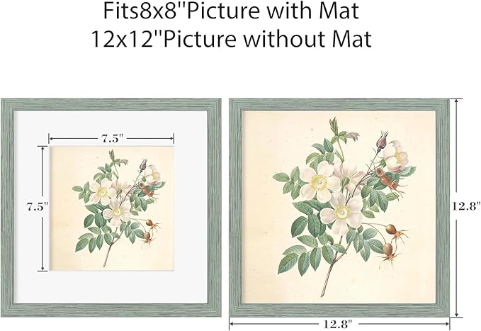 12x12 Picture Frame Set of 9, Display Pictures 8x8 with Mat or 12x12 without Mat, Multi Collage Gallery Square Photo Frames for Wall or Tabletop, Rustic Green