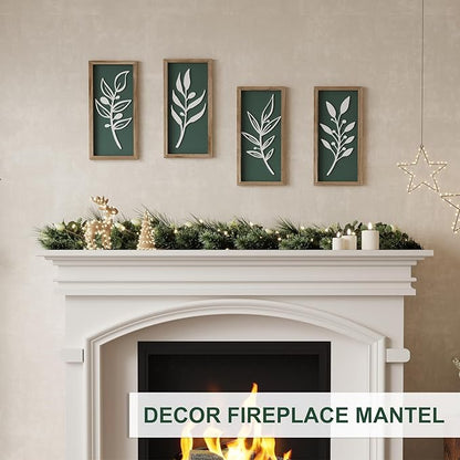 3D Tree Leaf Sage Green Boho Wall Art Lightweight (Set of 4), Minimalist Botanical Farmhouse Wooden Framed Bathroom Wall Decor For Living Room Bedroom Kitchen Office Hallway Decorations