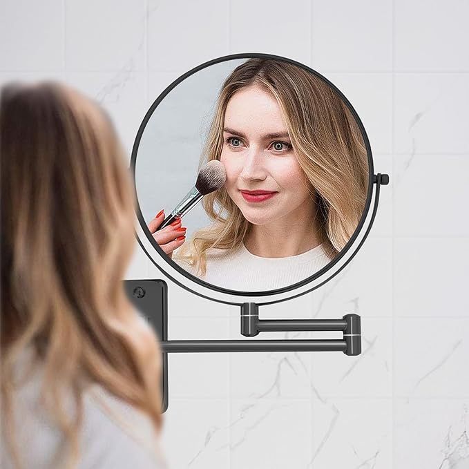 8” Makeup Mirror Wall Mounted, 1X/10X Double-Sided Wall Mount Magnifying Bathroom Mirror with Folding Extendable Arm, 360° Swivel Vanity Shaving Mirror for Bathroom and Makeup, Black (No Light