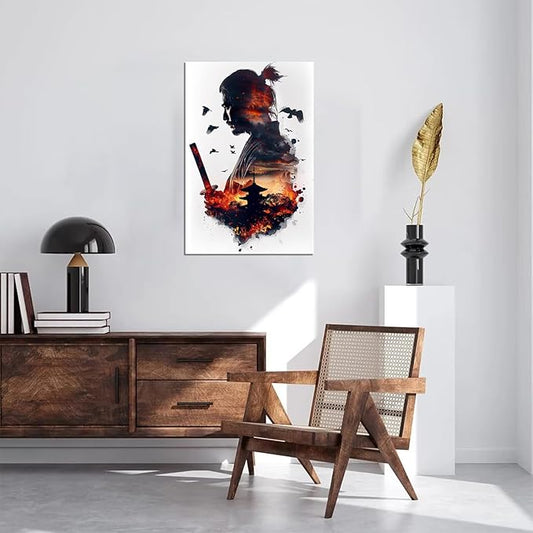 Japanese Samurai Canvas Wall Art Prints Armored Knights Wall Decor Canvas Painting Medieval Poster Framed for Living Room Bathroom Bedroom Office Home Decor Framed (28''W x 44''H)