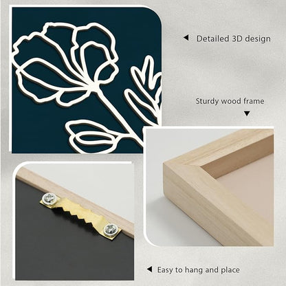 VIYYIEA Wooden 3d Floral Bathroom Wall Decor, Ready-to-Hang Framed Wall Art For Living Room, Bedroom and Office, Boho Botanical Farmhouse Decoration, Lightweight but Valuable Gift (7x16 In, set of 2)