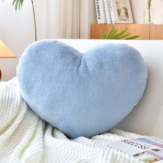 XVTRU Dusty Blue Heart Pillows, Cute Heart Decorative Pillow, Heart Shaped Throw Pillows for Bed, Faux Rabbit Fur Plush Hoom Decor Pillow Cushion for Chair Sofa Living Room (Medium-15.7"x11.8")