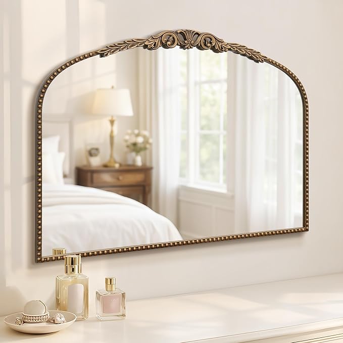 Besdomus Gold Vintage Vanity Mirror: 24"x 32" French Baroque Arched Mirror - Traditional Ornate Antique for Dresser/Mantel/Bedroom/Entryway/Bathroom/Hallway - Home Decor for Living Room