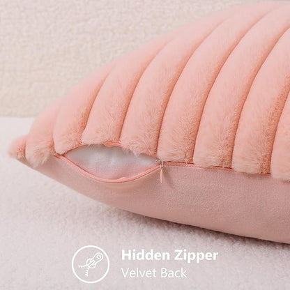 decorUhome Summer Cozy Faux Fur Throw Pillow Covers 24x24 Set of 2 Decorative Plush Striped Modern Farmhouse Boho Couch Euro Sham Pillow Cases with Velvet Back for Sofa Bed Living Room, Blush Pink