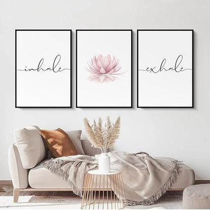 Pennclys Inhale Exhale Wall Art Zen Canvas Decor Yoga Lotus Wall Art Calming Meditation Artwork Pink Yoga Poster Zen Pictures Painting for Living Room Bedroom 16x24 Inch Framed Set of 3