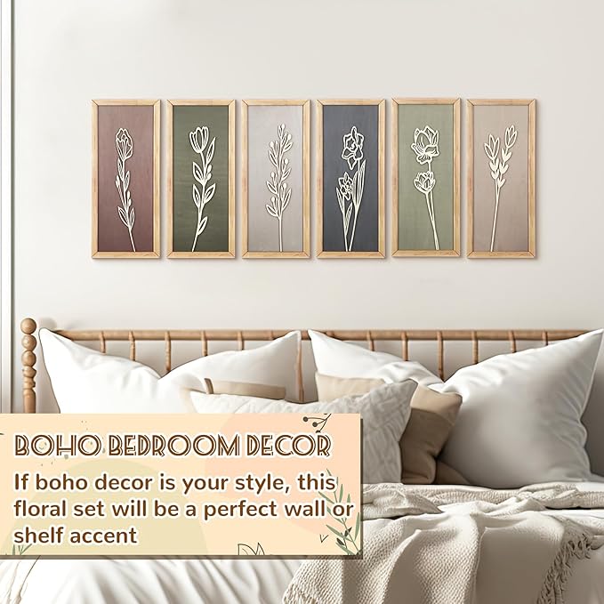 Wesiti 6 Pcs Boho Wall Art Wooden Floral Wall Decor Minimalist Botanical Print Art Decor for Rustic Vintage Farmhouse Home Living Room Bedroom Bathroom Kitchen Decoration, 15.75 x 6.69 Inch(Morandi)