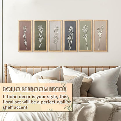 Wesiti 6 Pcs Boho Wall Art Wooden Floral Wall Decor Minimalist Botanical Print Art Decor for Rustic Vintage Farmhouse Home Living Room Bedroom Bathroom Kitchen Decoration, 15.75 x 6.69 Inch(Morandi)