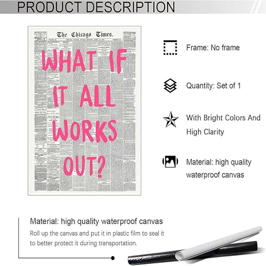 Drimiler What If It All Works Out Poster Retro Newspaper Pink Font Canvas Wall Art Positive Affirming Quote Minimalist Prints Painting For Home Bedroom Dorm Wall Decor 8x12in Unframed