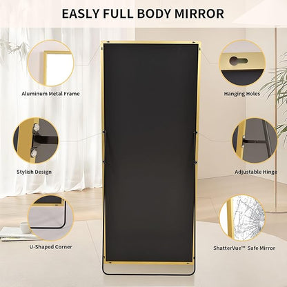 Easly Full Length Mirror with Stand 34"x76" Full Body Mirror Floor Mirror Standing Hanging or Leaning Wall, Wall Mirror with Stand Aluminum Alloy Frame for Living Room Bedroom Cloakroom,Gold