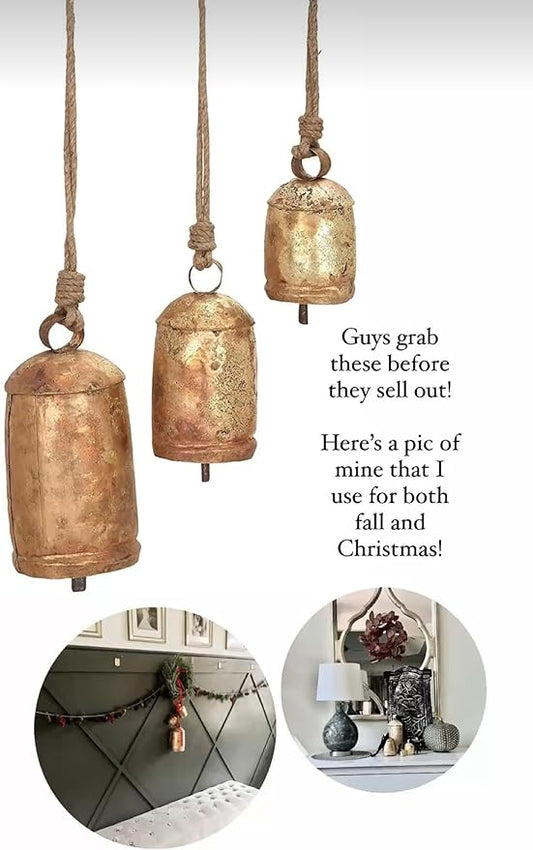 Large Vintage Gold Cow Bells for Rustic Christmas Decor Hanging Bells on Rope Set of 3 Harmony Cow Bells Vintage Handmade Rustic Lucky (Brass & Copper Rustic Bell 4,6, 8 inches)