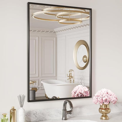 LOAAO 20"X30" Black Rectangle Bathroom Mirror Wall, Matte Black Aluminum Alloy Frame, Tempered Glass, Hangs Vertically or Horizontally, Easy to Install