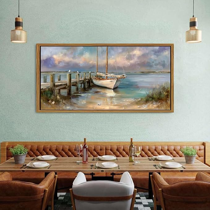Abstract Ocean Framed Wall Art Coastal Room Decor Rustic Beach Rowboat Landscape Picture Canvas Prints for Living Room Cottagecore Decor Seaside Poster Sea View Painting Artwork Home Decoration 30x57.8"