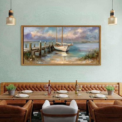 Abstract Ocean Framed Wall Art Coastal Room Decor Rustic Beach Rowboat Landscape Picture Canvas Prints for Living Room Cottagecore Decor Seaside Poster Sea View Painting Artwork Home Decoration 30x57.8"