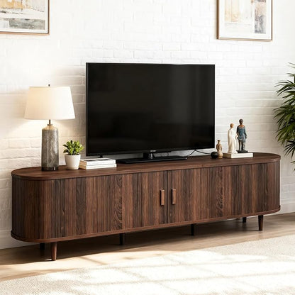 70" Mid Century Modern TV Stand, Wood TV Consoles with Sliding Doors and Power Outlet, Entertainment Center with Adjustable Shelves, Fluted TV Stands for Living Room, Walnut