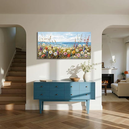 SERIMINO Floral Wall Art, Large Wall Decor, Beach Wall Art, Landscape Art Prints, Coastal Daisy Wildflowers Painting, Ocean Pictures for Living Room Bedroom Kitchen Farmhouse Home Decoration 20"x40"