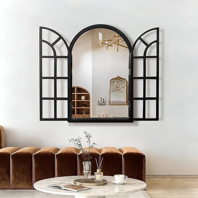 TRAHOME Arched Windowpane Mirror, 24"x36" Black Wood Frame Rustic Farmhouse Wall Mirror, Vintage Decorative Window Mirror for Living Room, Entryway, Bathroom
