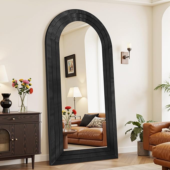 Antok Full Length Mirror with Solid Wood Frame, 81"×41" Wall Mounted Oversized Floor Mirror with Stand, Leaning Standing Hanging for Bedroom Living Room Entryway, Black, Arched Syle