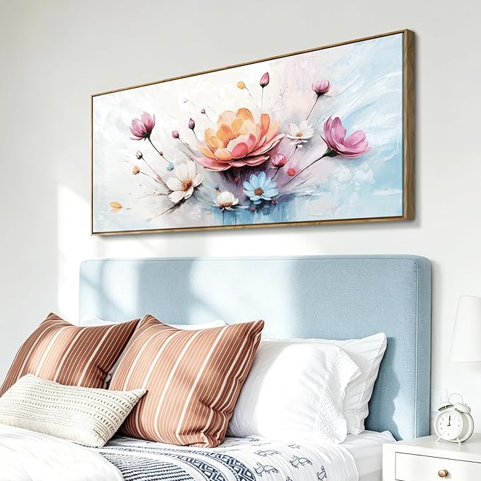 Large Framed Modern Canvas Wall Art, Abstract Natural Plant Print, Pink, Orange And Blue Textured Floral Artwork, Natural Wood Frame, Plant-Themed Wall Decoration, Suitable For Living Room, Bedroom, Dining Room, Study, Office, 48X24 Inches.