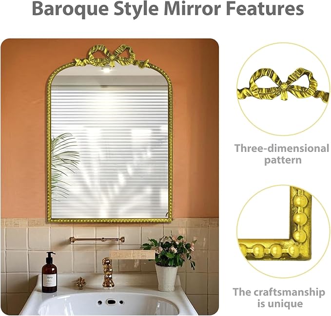 Antique Baroque Vintage Vanity Mirror Inch, Gold with Ornate Antique Frame, Arched Vintage Wall Mirror for Living Room, Fireplace, Entryway (Golden (Arched 2), 22" L x 15" W)