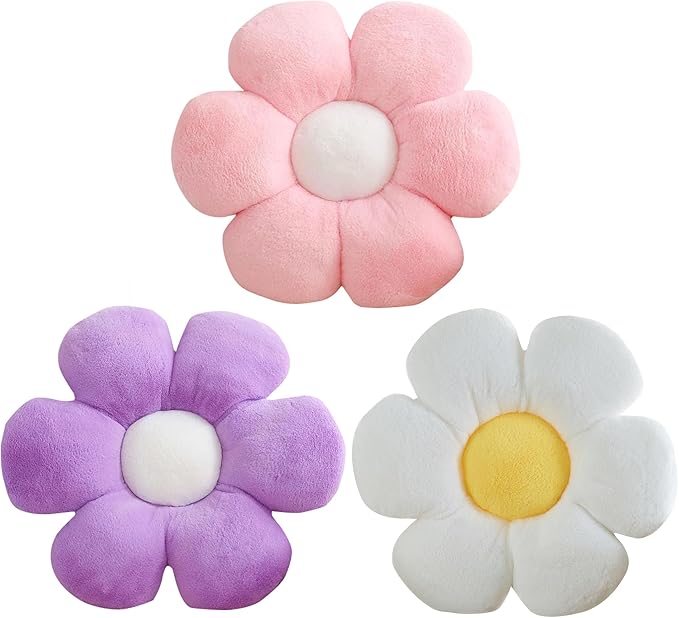 CANGHI 3 PCS Flower Pillows Flower Shaped Throw Pillow Cute Daisy Pillows Seating Cushions for Adults Kids Home Bedroom Sofa Chair Couch Decor (White/Pink/Purple, 15.74 inch)