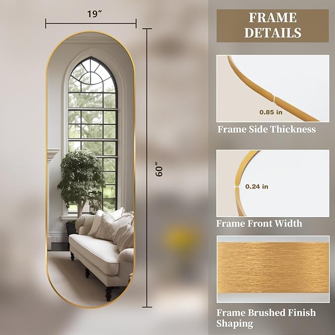 Oval Full Length Mirror, 60"×19" Wall-Mounted Mirror with Metal Frame, Ultra-Clear Explosion-Proof, Simple and Classic Deco for Cloakroom/Bedroom/Living Room, Gold