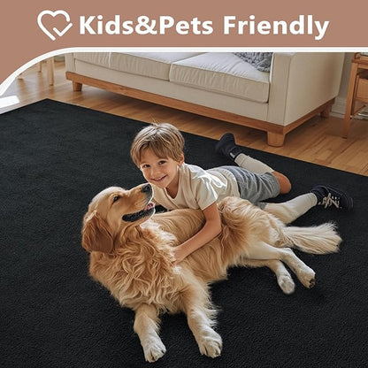 FinRèc 4x6 Washable Area Rugs for Bedroom Living Room, Low Pile Thin Rug Solid Color, Non-Slip Carpet Indoor for Home Decor (Pure Black)