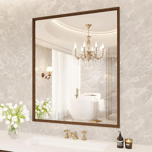 JISOSO Rectangle Bathroom Mirror 30x36 Inch, Walnut Wood Grain Framed, Anti-Rust & 4mm Tempered Glass, Horizontal/Vertical Hanging Vanity Mirror for Bathroom & Bedroom