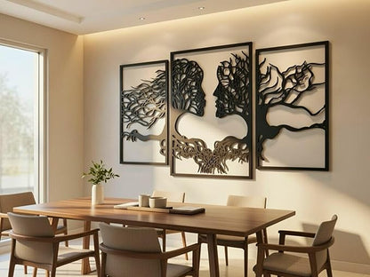 VAILLA Tree of Life Wall Wooden Art Abstract Tree Man Woman Face Large 3D Wooden Wall Decor Set of 3 Hanging Sculpture Modern Home Decoration 3D Textured Sculptures for Living Room Bedroom Office Dinnig Room (71"L x 39"W)