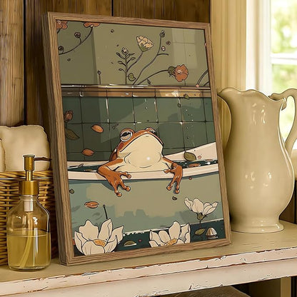 Funny Japanese Frog Bathroom Wall Art Whimsical Frog in Bathtub Wall Decor Painting Cute Animal Bathroom Poster Canvas Print Picture 12x16 inch Wood Framed