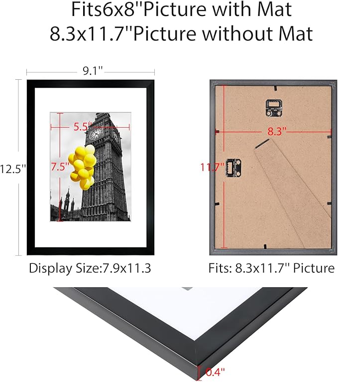 A4 Picture Frame Set of 6, Display Pictures 6x8 with Mat or 8.3x11.7 Without Mat, Document 8.3 x 11.7 Frame, Poster Frames, Black