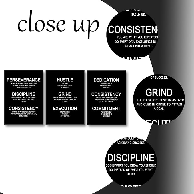 Hustle Discipline Motivational Poster 3 Piece Success Quote Office Decor Inspirational Wall Art Canvas Prints Artwork for Modern Home Living Room Painting Pictures Stretched and Framed [60''W x 28''H]