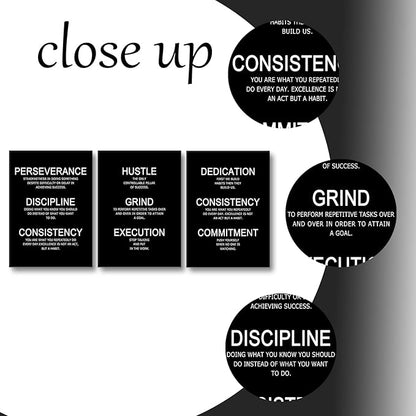 Hustle Discipline Motivational Poster 3 Piece Success Quote Office Decor Inspirational Wall Art Canvas Prints Artwork for Modern Home Living Room Painting Pictures Stretched and Framed [60''W x 28''H]