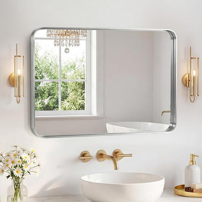 NEWBULIG 24X32 Inch Bathroom Mirror for Over Sink, Wall Vanity Mirrors Tempered Glass, Anti-Rust Metal Framed Rounded Rectangle, Hangs Horizontally or Vertically, Farmhouse Home Decor, Silvery