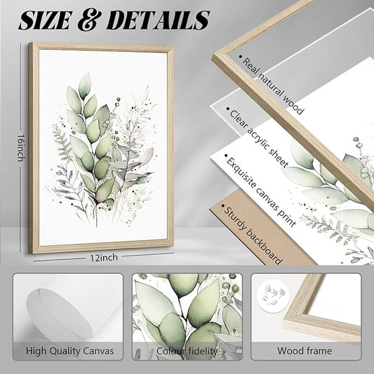 Watercolor Botanical Wall Art Set of 3 Boho Floral Canvas Wall Decor Prints Sage Green Wildflower Wall Art Modern Flower Pictures Botanical Painting for Bedroom Bathroom 12x16 Inch Wood Framed