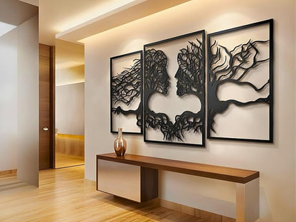 VAILLA Tree of Life Wall Wooden Art Abstract Tree Man Woman Face Large 3D Wooden Wall Decor Set of 3 Hanging Sculpture Modern Home Decoration 3D Textured Sculptures for Living Room Bedroom Office Dinnig Room (59"L x 35"W)