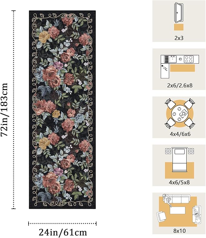 2x6 Machine Washable Runner Rug, Kitchen Hallway Area Rug Dark Blue Black Vintage Boho Floral Ultra Non-Slip Low Pile Soft Faux Wool Carpet Kids and Pets Friendly for Bedroom Entryway Nursery Home Rug