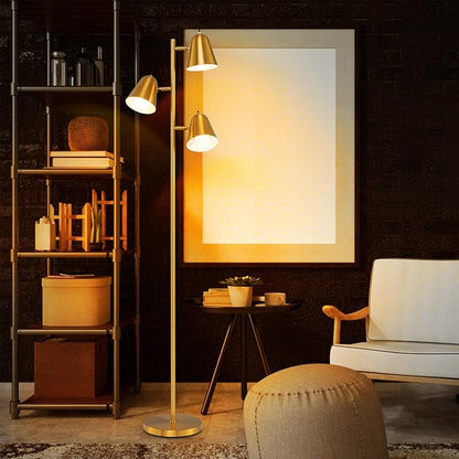 Tangkula 3-Light Floor Lamp, 64" Mid Century Modern 3 Light Tree, Standing Tall Pole Lamp with 3 A19 LED Bulbs and Adjustable Heads, 3 E26 Base, Reading Light for Living Room & Bedroom (Golden)