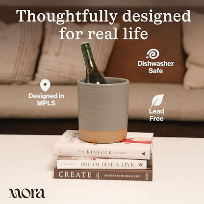 Mora Ceramic Kitchen Utensil Holder - Wooden Spoon & Spatula Crock for Countertop, Modern Farmhouse Home Decor, Extra Large 7.3" Organizer for Stove Top and Counter - Heavy & Sturdy - Peppercorn