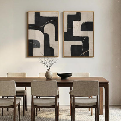 Large Framed Modern Neutral Abstract Wall Art, Set of 2 Minimalist Black and Beige Canvas Prints Paintings Artwork for Walls, Geometric Pictures for Living Room Hallway Bedroom Wall Decor 24x36 In