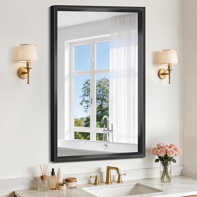 20x36 Inch Black Bathroom Mirror, Brushed Black Rectangle Mirror for Over Sink, 0.6" Thickened Deep Aluminum Frame Rectangular Vanity Mirror, Tempered Glass, Antirust, Horizontally/Vertically