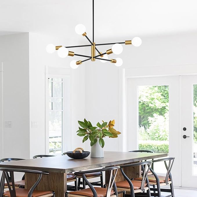 10.9"-52.3" Height Adjustable Sputnik Chandeliers Dining Room Light Fixture (8-Light, 30-Inch), Modern Brushed Gold and Black Chandelier, Mid Century Modern Chandeliers for Dining Room Living Room