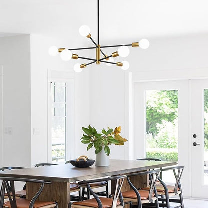 10.9"-52.3" Height Adjustable Sputnik Chandeliers Dining Room Light Fixture (8-Light, 30-Inch), Modern Brushed Gold and Black Chandelier, Mid Century Modern Chandeliers for Dining Room Living Room