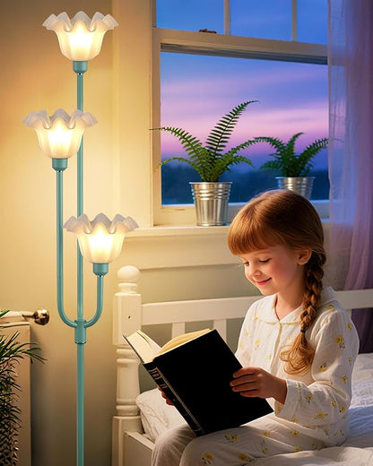66'' Flower Floor Lamp for Living Room, Vintage Floral Floor Lamp with LED Bulbs, 3 Light 3000K Warmwhite Mid Century Standing Tall Lamps with 5Lbs Heavy Base for Bedroom-Grey Green