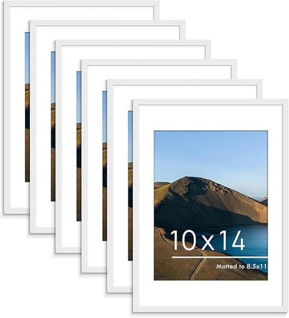 PEALSN 10x14 Picture Frame Set of 6, Display Pictures 8.5x11 with Mat or 10x14 without Mat for Wall Mounting or Table Top Display, Photo Frames Collage for Wall Decor, White.