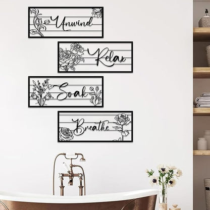 ShxTrade 4 Pieces Black Metal Bathroom Wall Decor - Unwind Relax Soak Breathe Wall Art with Floral Silhouette, Modern Minimalist Line Art Signs for Bathroom, Spa, Rustic Farmhouse Wall Decorations