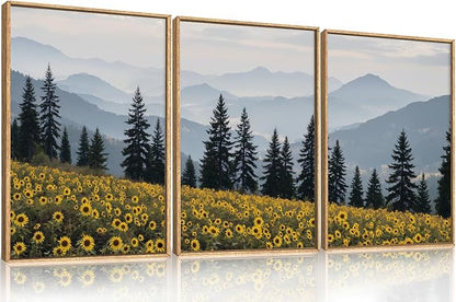 HPNIUB Mountain Sunflowers Landscape Framed Wall Art Set Nature Pine Tree Wall Decor,Boho Misty Forest Art Print Rustic Wildflower Painting Artwork for Living Room, Bedroom,Office-24''x36''x3