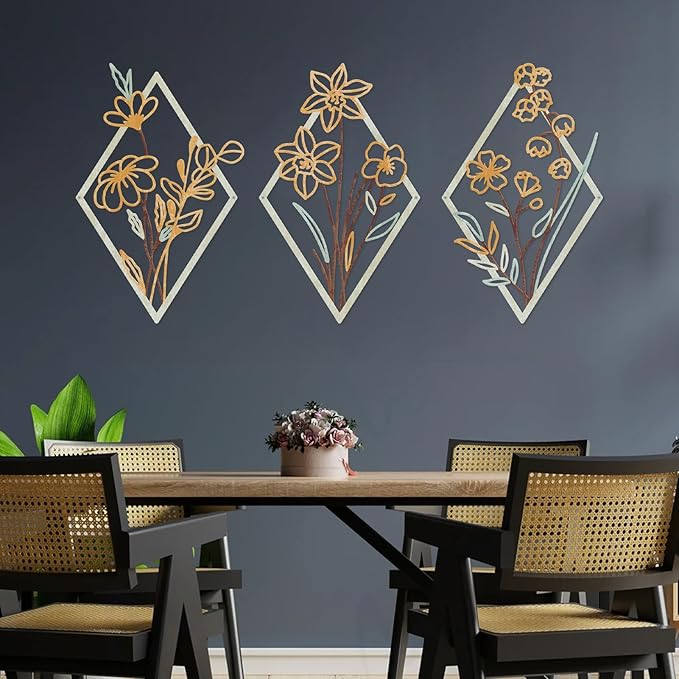 ShxTrade 3 Pcs Metal Flowers Wall Arts, Rustic Farmhouse Decor Minimalist Flower Wall Decors Natural Themed Home Decorations for Bathroom Kitchen Living Room Bedroom (Yellow)